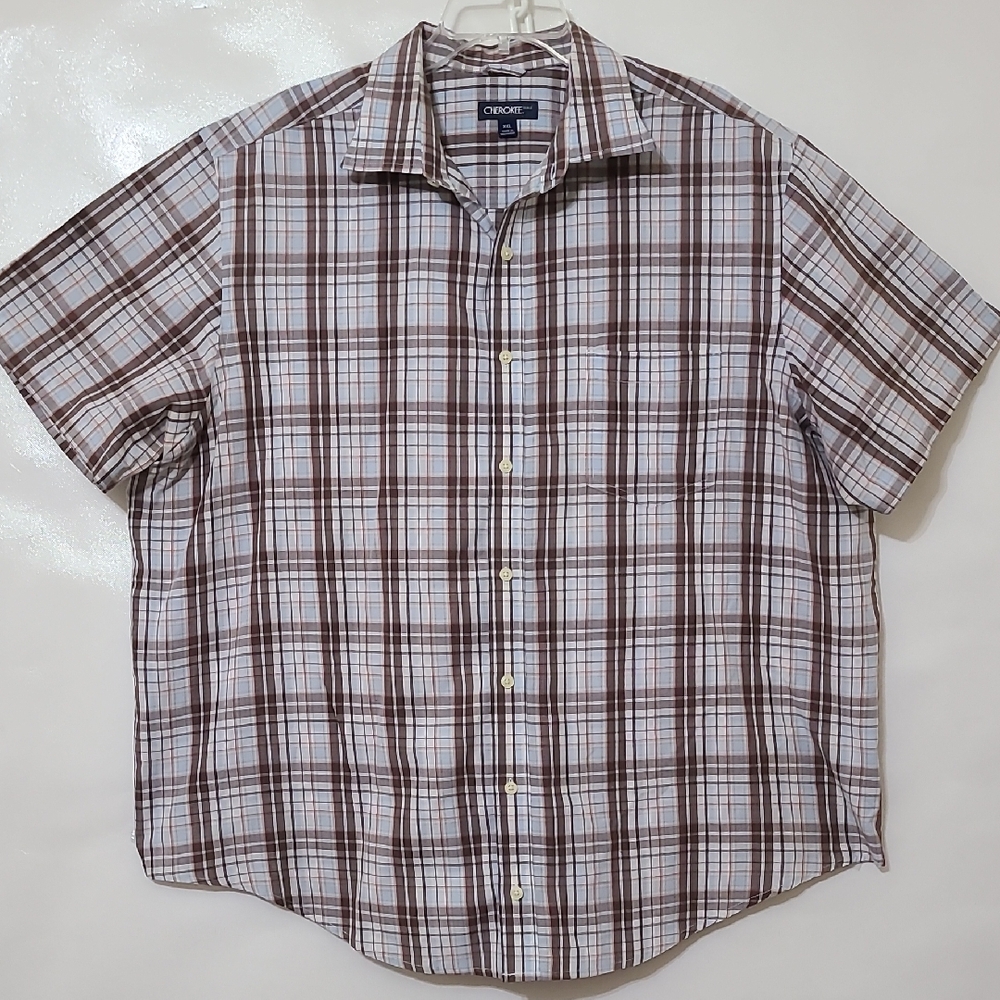 Cherokee Mens Brown/Blue Plaid Button Up Short Sleeve Shirt Cotton/Polyester XXL